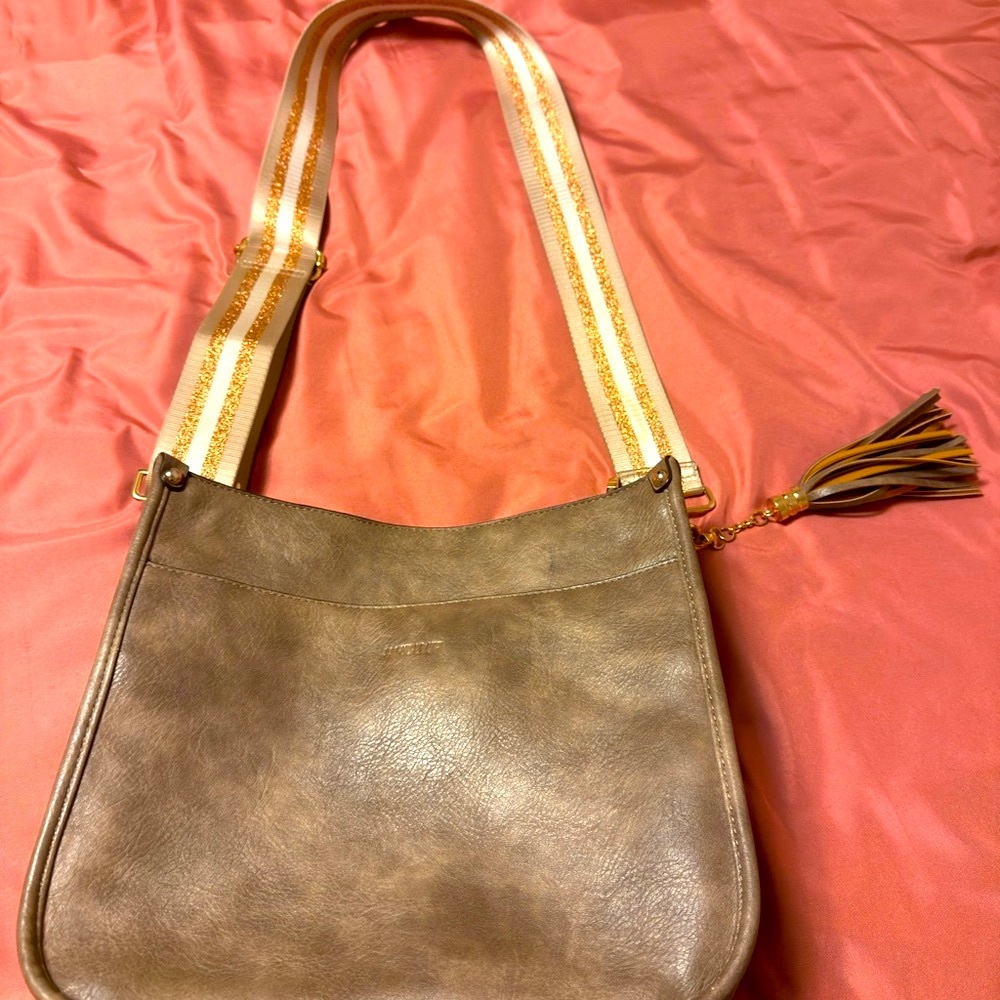 Tan Suede Shoulder Bag with Tassel Accent, duffel bag, extra strap and wallet
